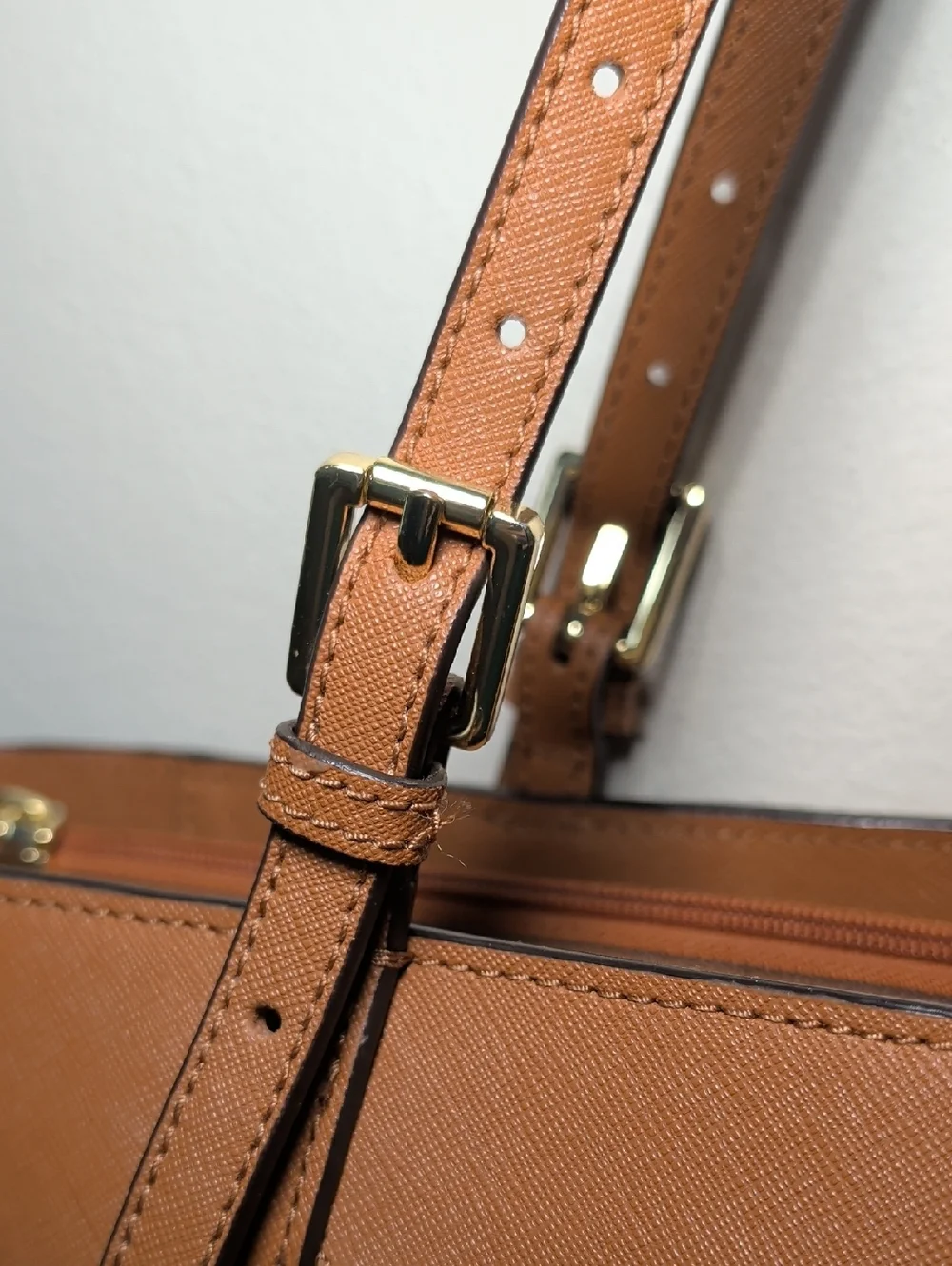 Tory Burch York Buckle Tote Bag Saffiano Leather Cognac Brown Gold Hardware